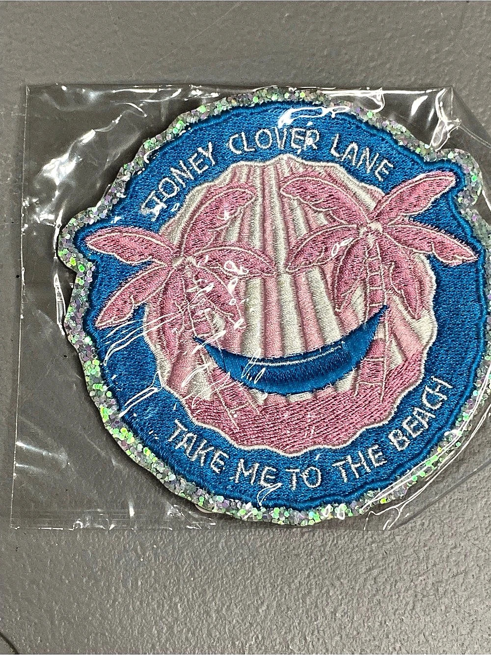 Stoney Clover Lane Take Me To The Beach Shell and Palm Trees Patch Blue & Pink
